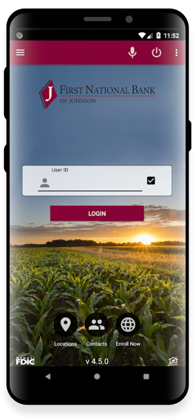 Smartphone with mobile banking app login screen
